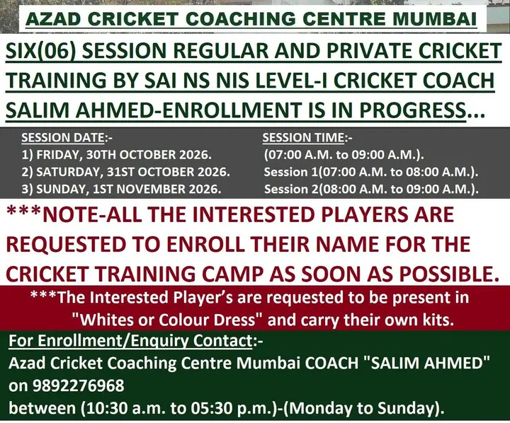 ACCC Mumbai Six Session Regular and Private Cricket Training poster