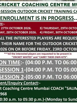 Azad Cricket Coaching Centre Mumbai - Eight (08) Session Outdoor Cricket Training Camp 2026 poster