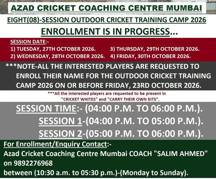 Azad Cricket Coaching Centre Mumbai - Eight (08) Session Outdoor Cricket Training Camp 2026 poster