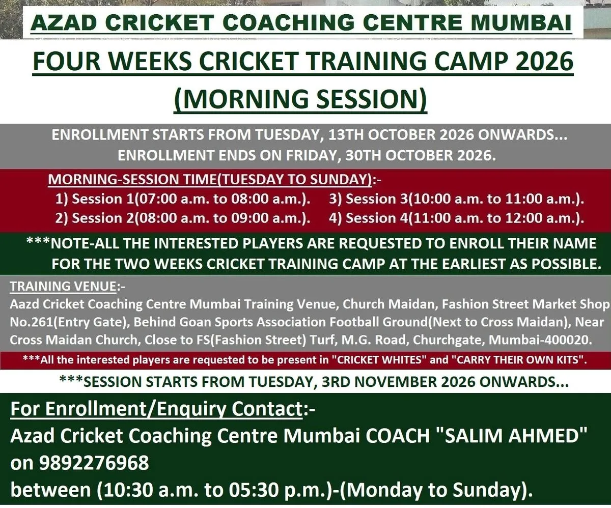 Azad Cricket Coaching Centre Mumbai Four Weeks Cricket Training Camp 2026 (Morning Session)
